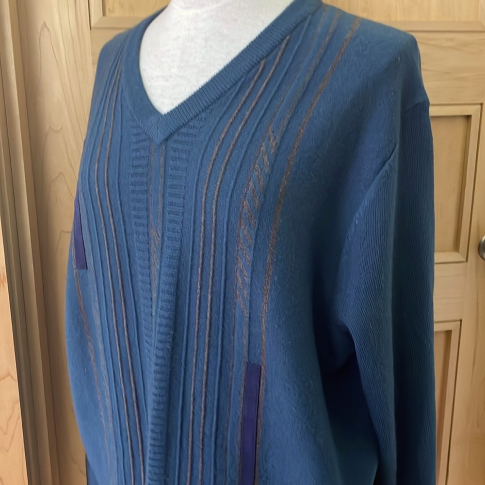 Vintage ‘80’s/‘90’s Arnold Palmer V-Neck Blue With Grey Stripes Sweater, Size L